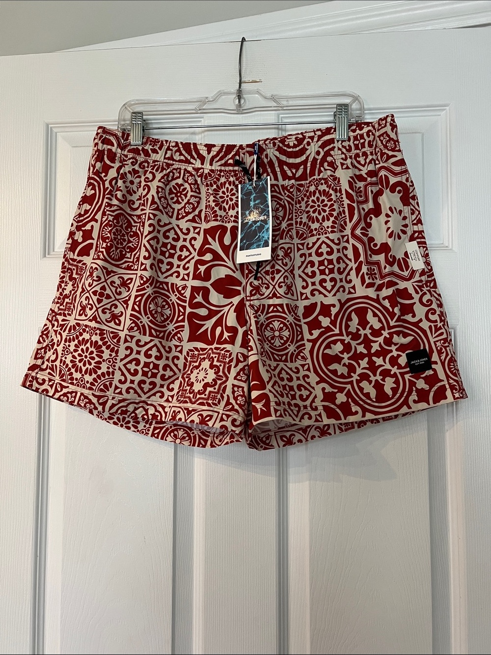 Jack & Jones Rust and Cream Tile-Print Swim Board Shorts